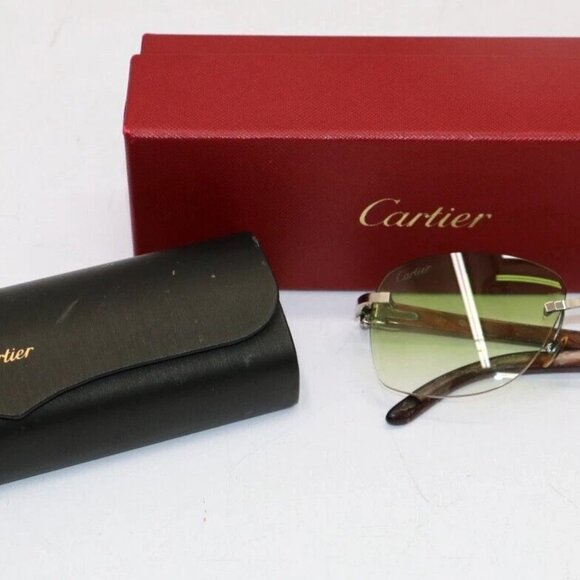 Cartier 140b 3774440 18 France Bubinga Wood Arms Rimless Sunglasses C Decor - Picture 1 of 16